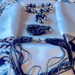 Blue and Silver Multi-Strand Necklace and Bracelet Set with Elegant Beads